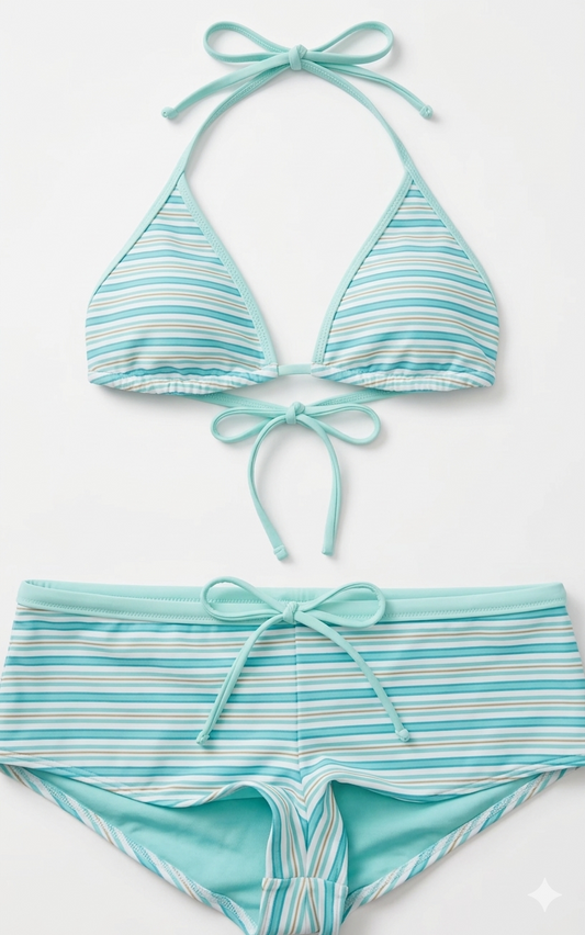 Azure Stripe Halter Bikini Set